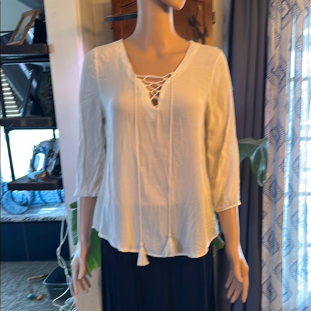 Women's Cream Lace-Up Top